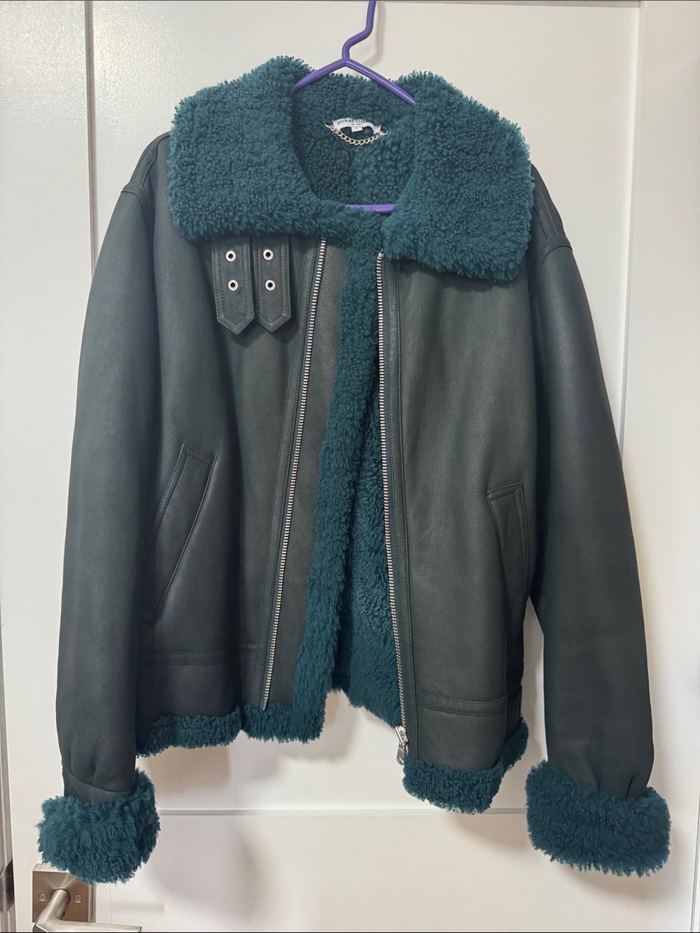 Opening Ceremony Teal Trim Black Bomber Shearling Jacket - Women